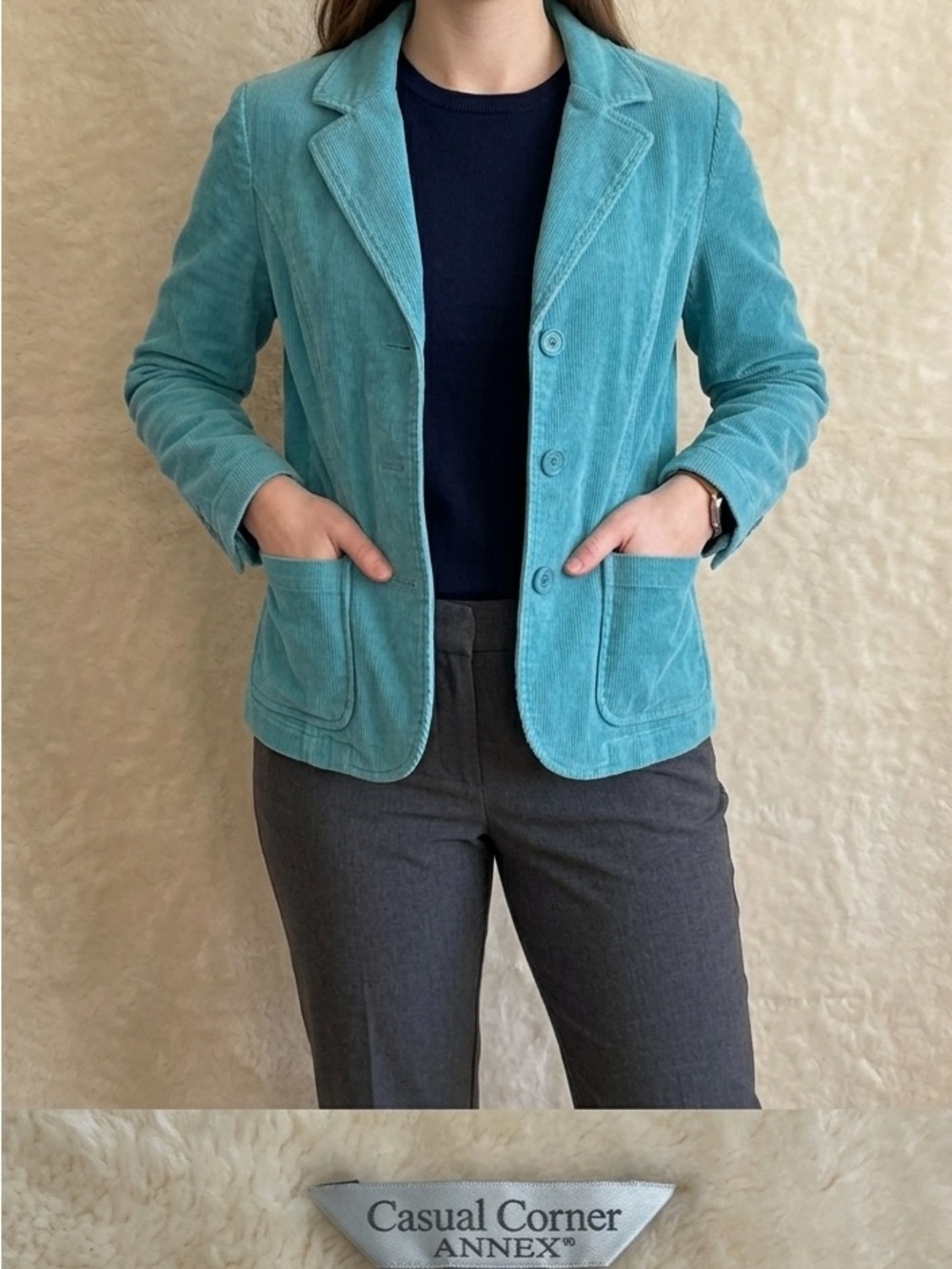 Vintage Casual Corner Annex Teal Corduroy Button Front Blazer Size L